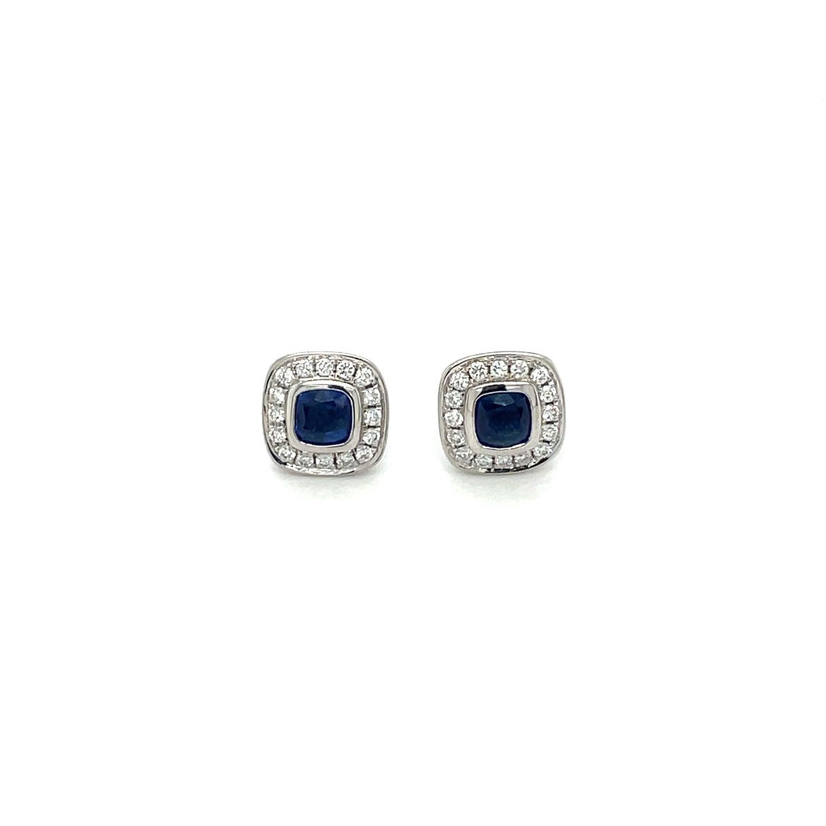 18ct White Gold Sapphire & Diamond Cushion Cluster Stud Earrings