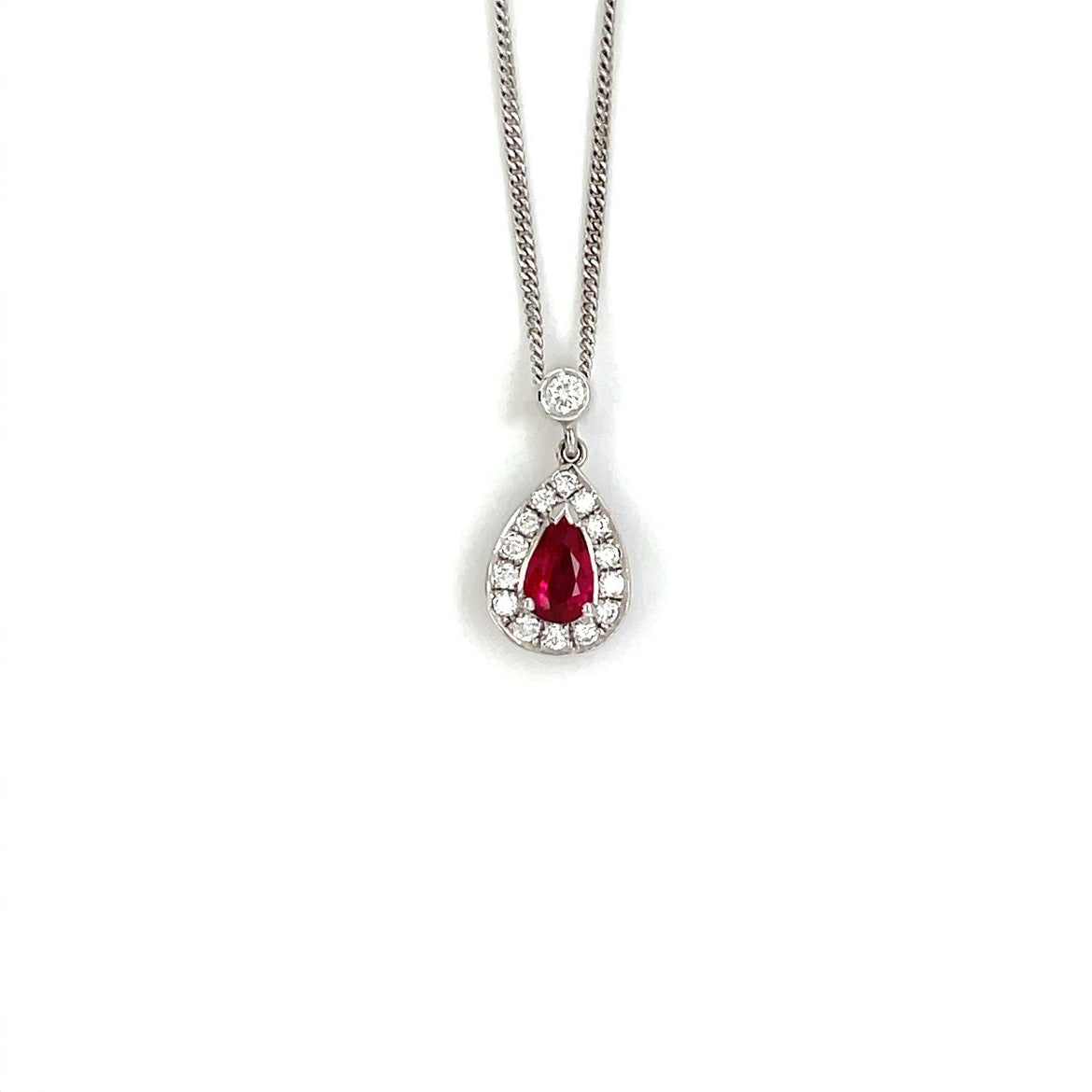 18ct White Gold Ruby & Diamond Pear-Shaped Cluster Pendant & Chain