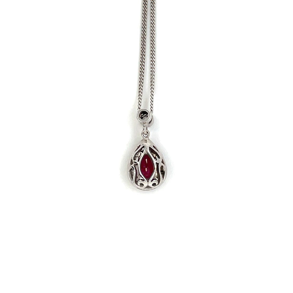 18ct White Gold Ruby & Diamond Pear-Shaped Cluster Pendant & Chain