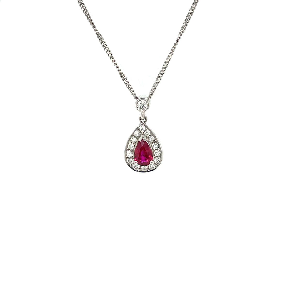 18ct White Gold Ruby & Diamond Pear-Shaped Cluster Pendant & Chain