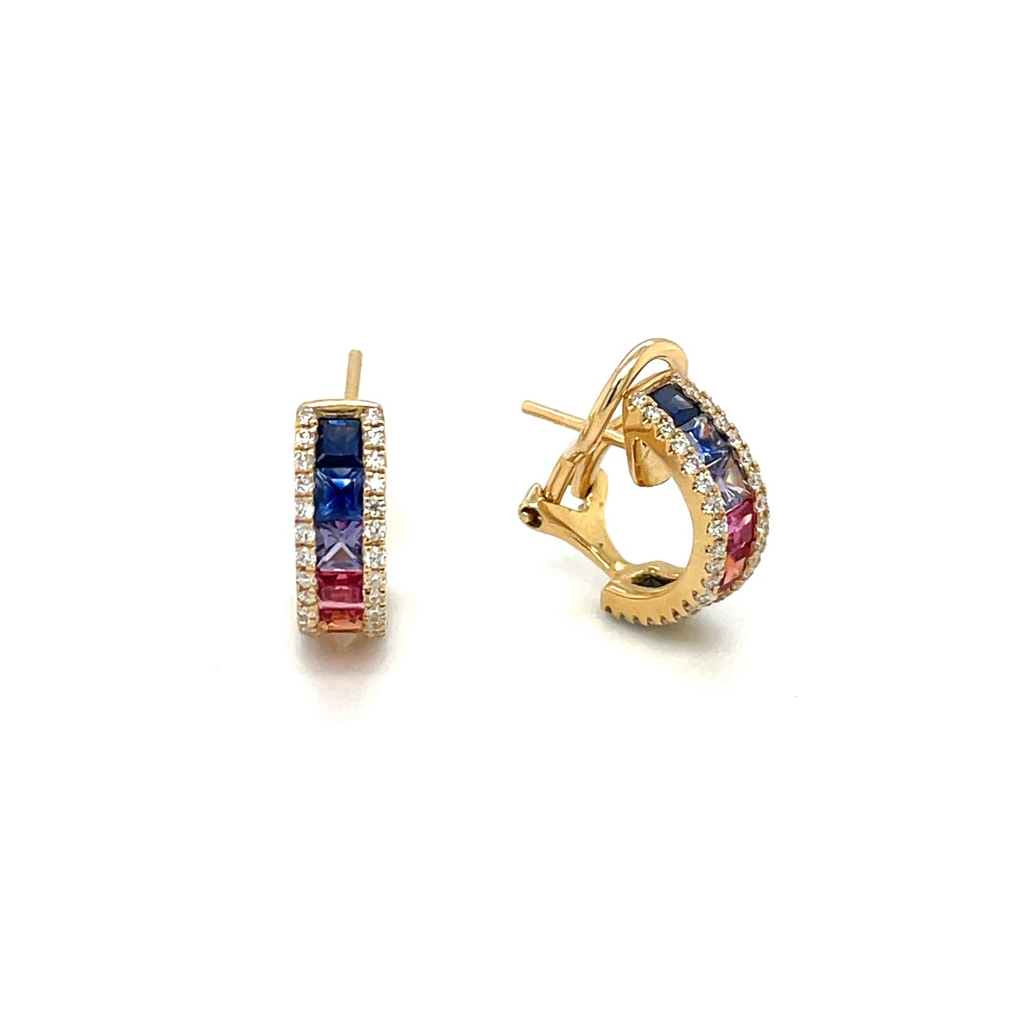 18ct Yellow Gold Rainbow Sapphire & Diamond Hoop Earrings