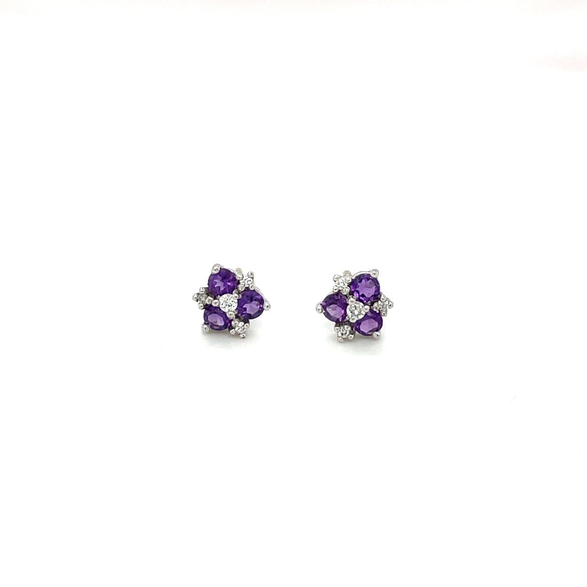 18ct White Gold Amethyst & Diamond Cluster Stud Earrings