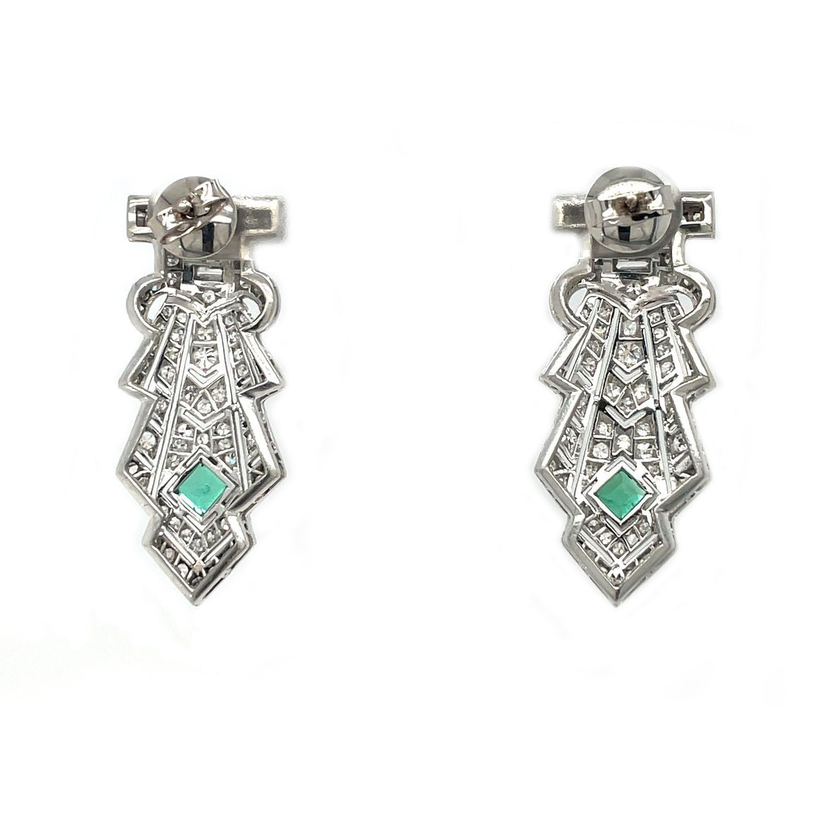 Platinum Art Deco Emerald & Diamond Earrings