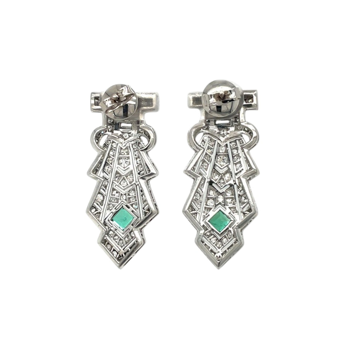 Platinum Art Deco Emerald & Diamond Earrings
