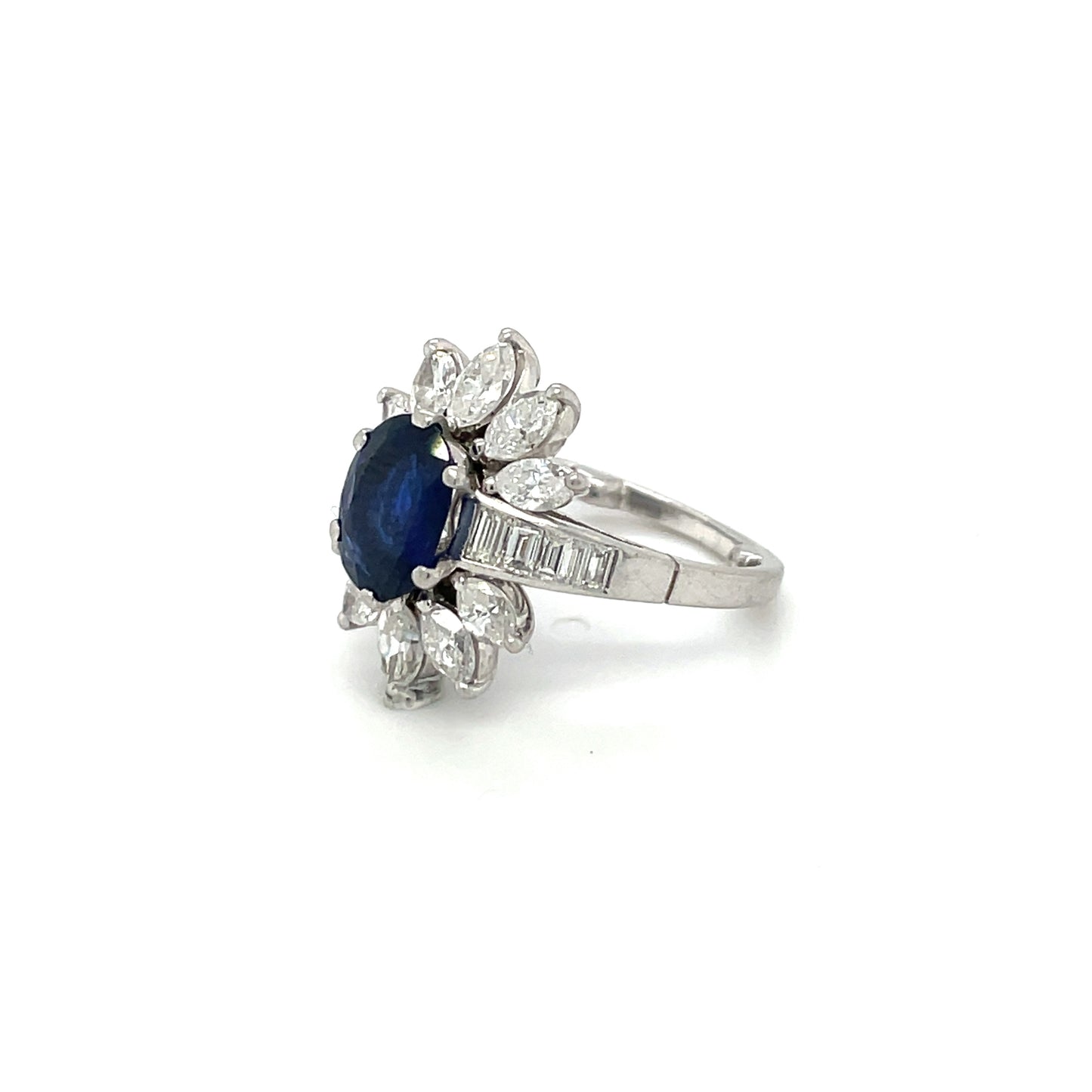 Unique Platinum Oval Sapphire & Marquise Diamond Cluster Ring