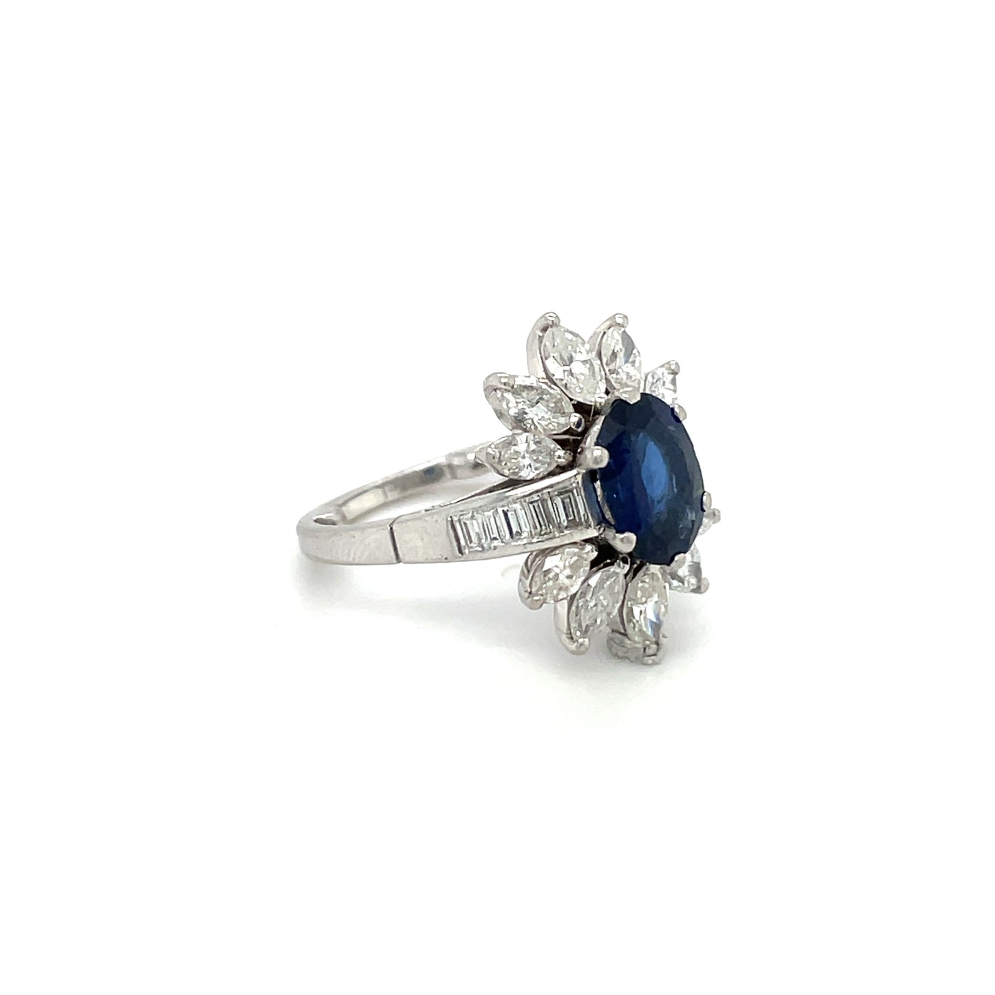 Unique Platinum Oval Sapphire & Marquise Diamond Cluster Ring