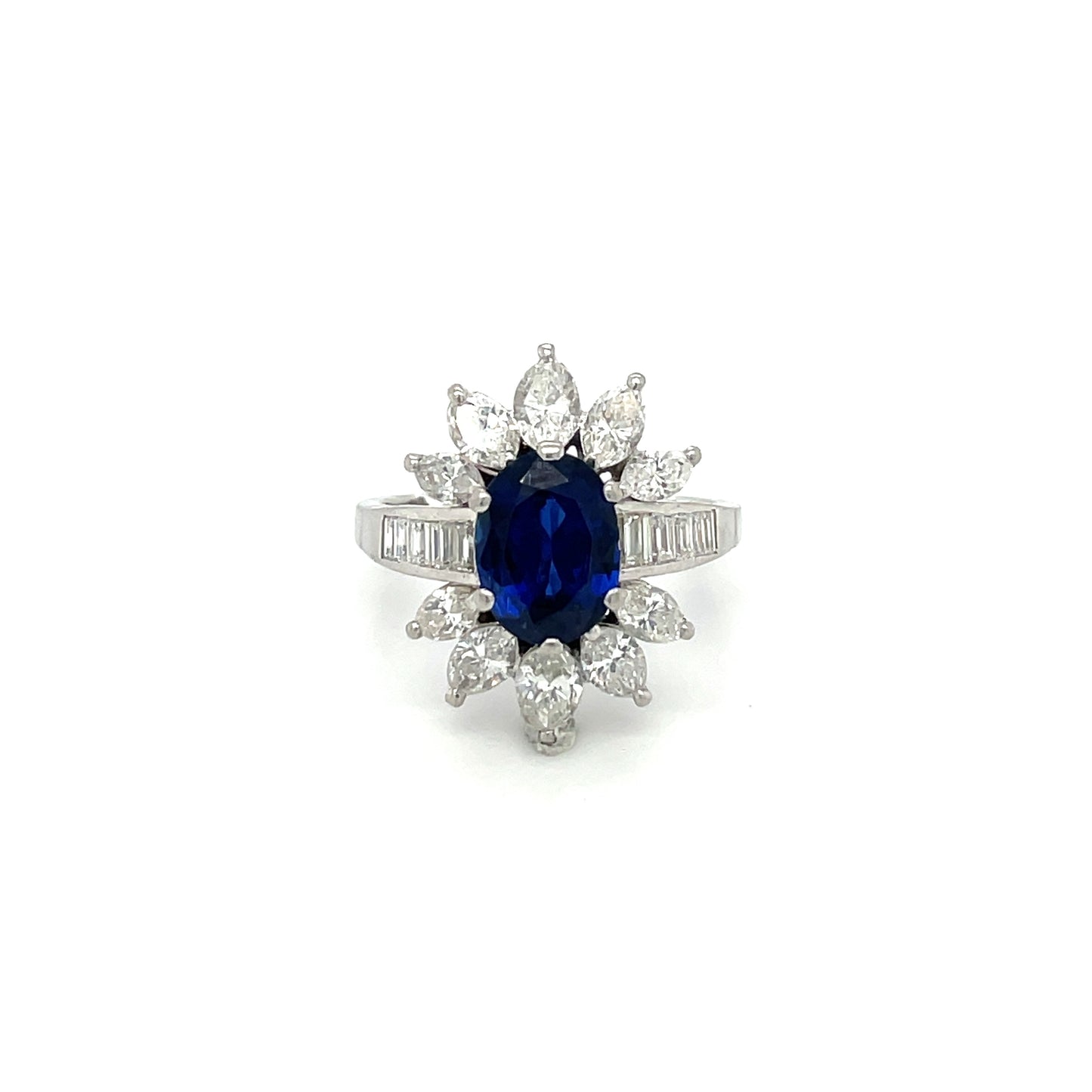 Unique Platinum Oval Sapphire & Marquise Diamond Cluster Ring