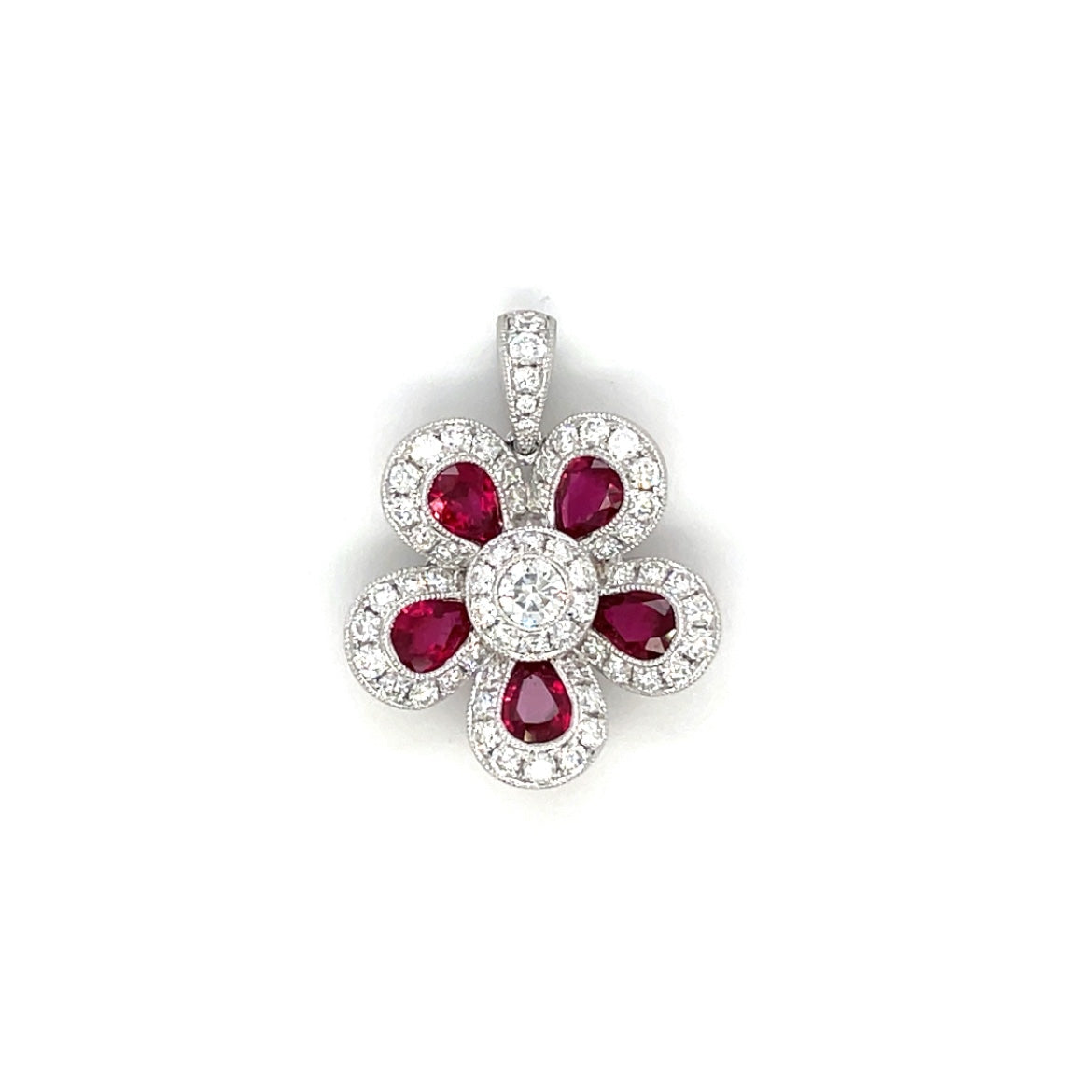 18ct White Gold Ruby & Diamond Flower Cluster Pendant
