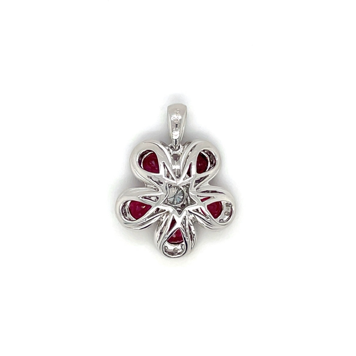 18ct White Gold Ruby & Diamond Flower Cluster Pendant