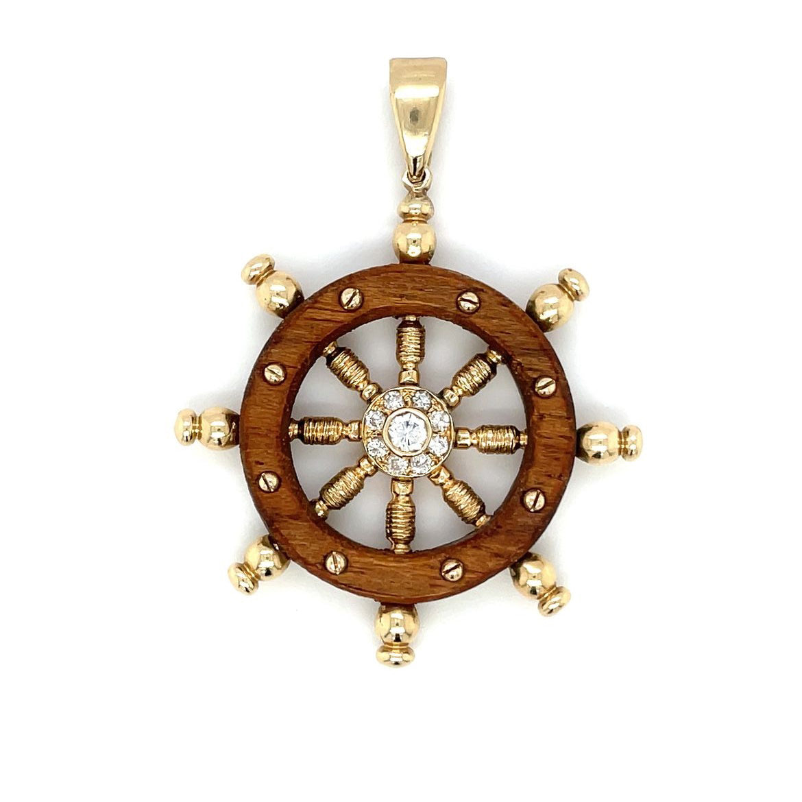 14ct Yellow Gold Wood & Diamond Ship Wheel Pendant