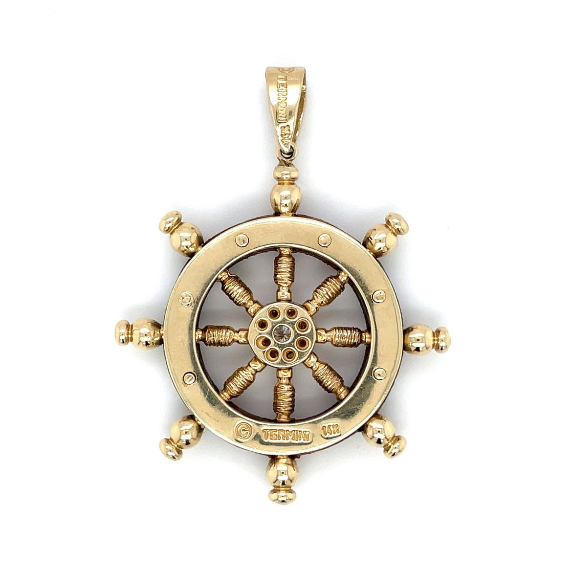 14ct Yellow Gold Wood & Diamond Ship Wheel Pendant