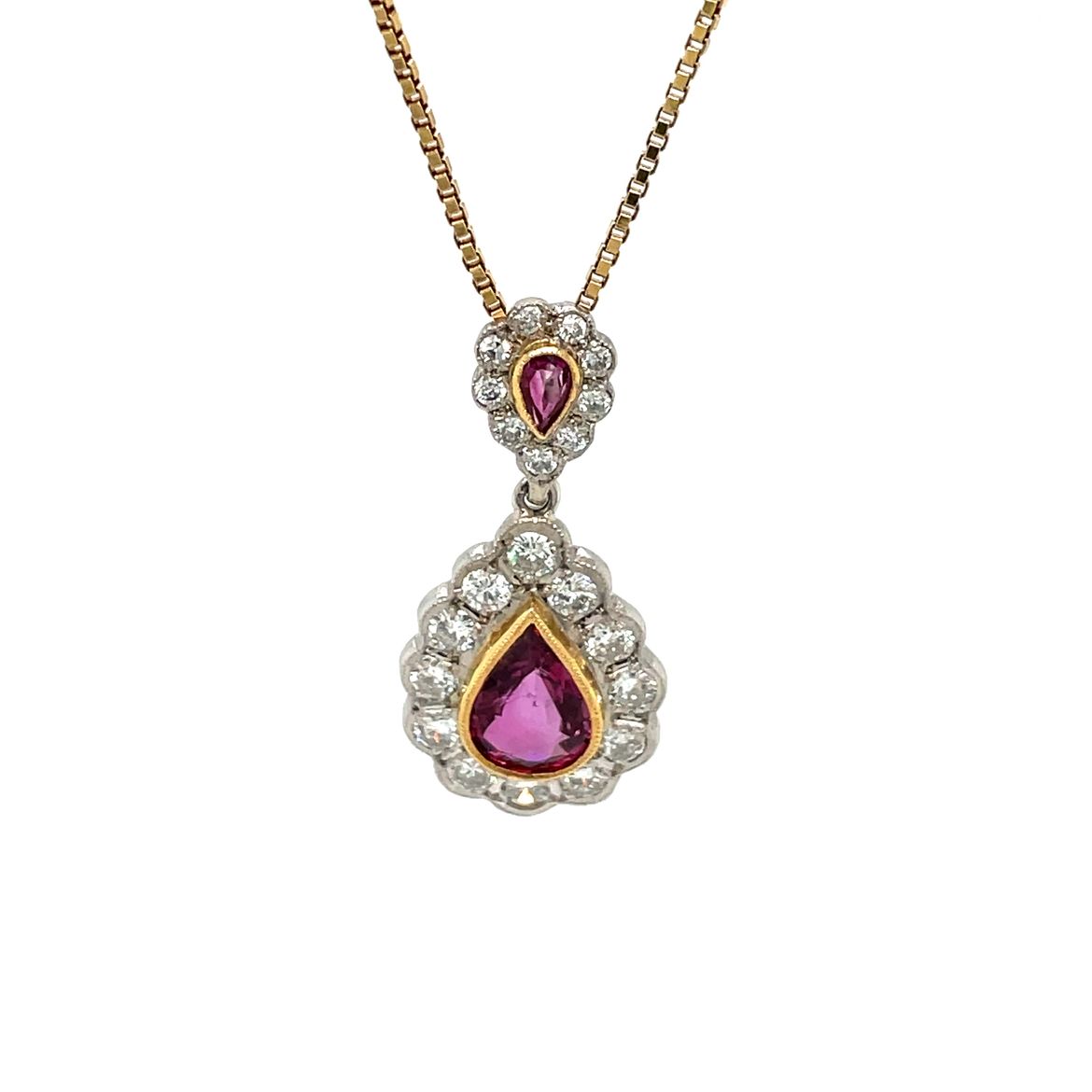 18ct Yellow & White Gold Ruby & Diamond Cluster Pendant & Chain