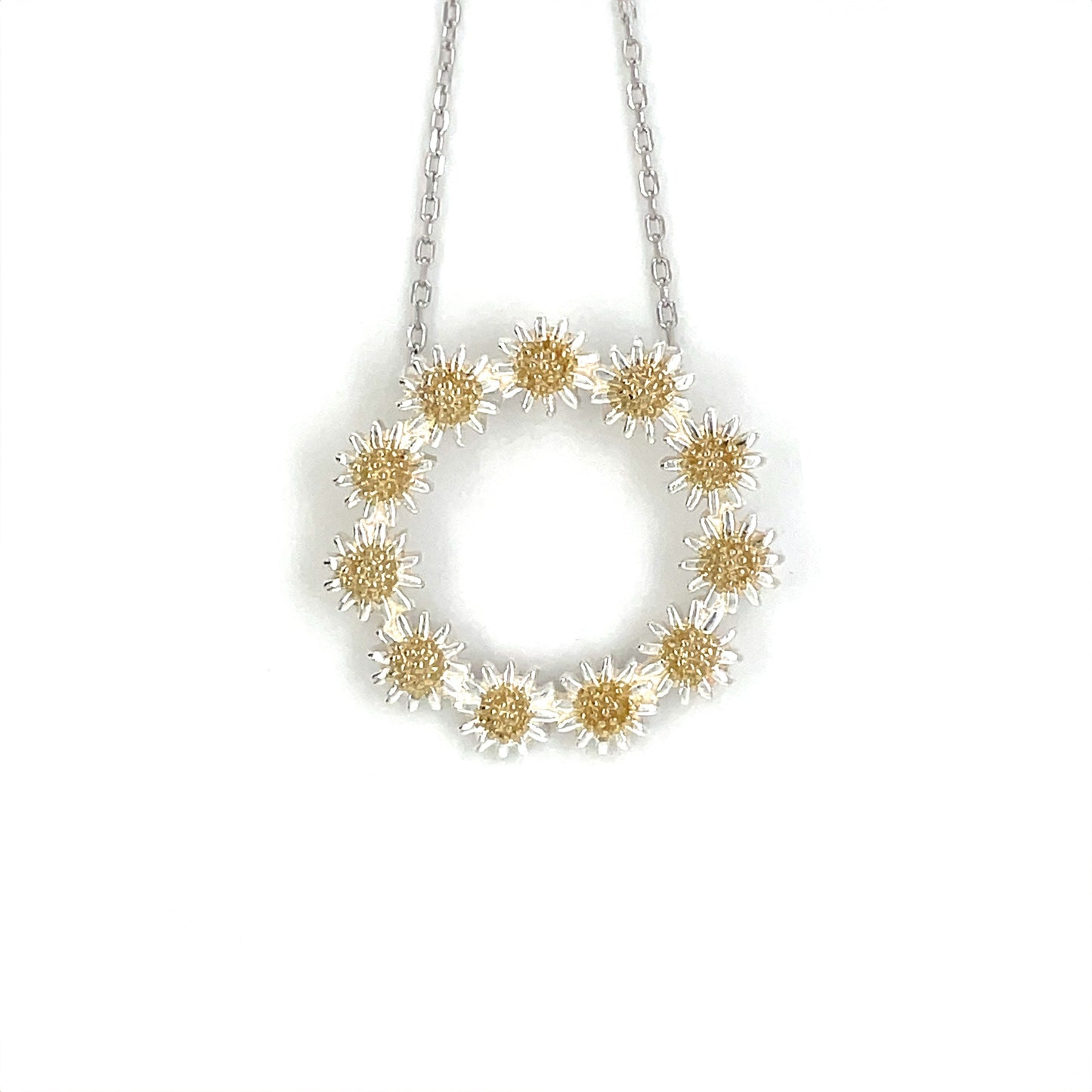 Silver & Gold Plate Daisy Circle Pendant & Chain