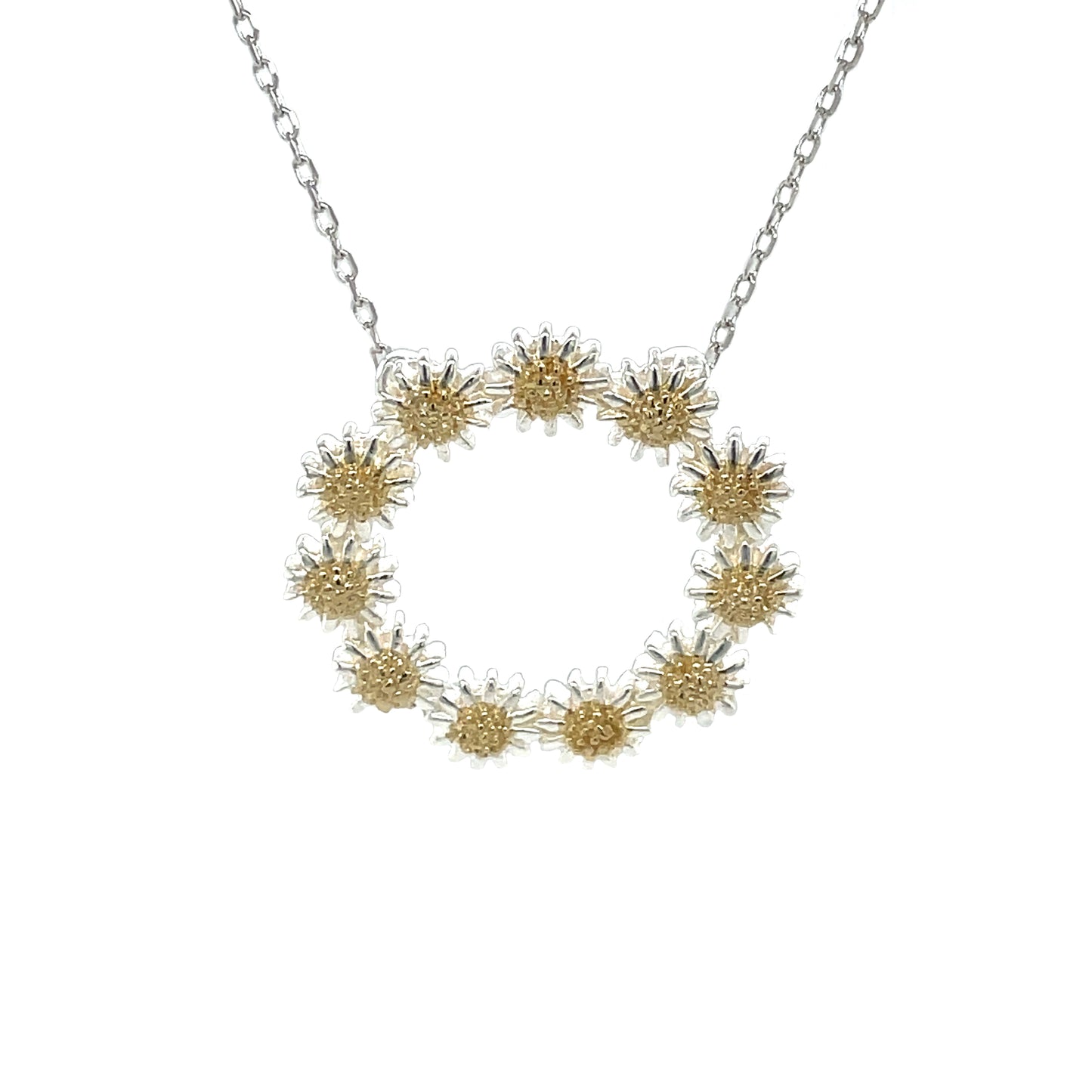 Silver & Gold Plate Daisy Circle Pendant & Chain