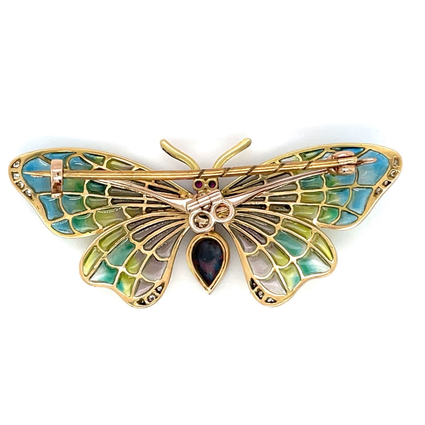 18ct Yellow Gold Enamel Opal Diamond & Ruby Butterfly Brooch