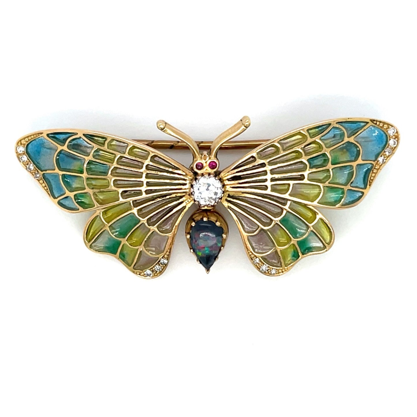 18ct Yellow Gold Enamel Opal Diamond & Ruby Butterfly Brooch