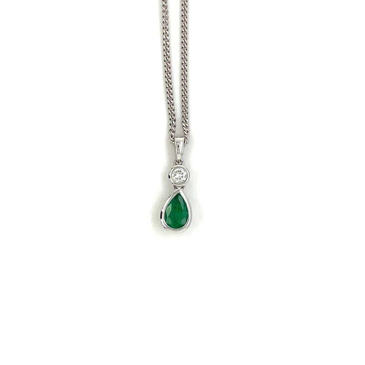 18ct White Gold Emerald & Diamond Drop Pendant