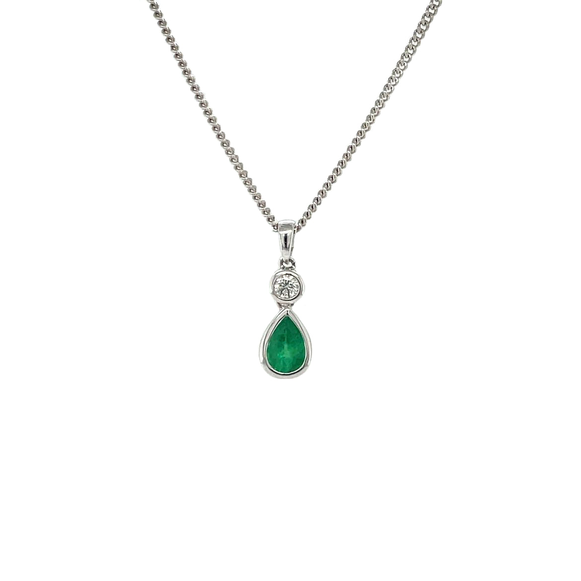 18ct White Gold Emerald & Diamond Drop Pendant