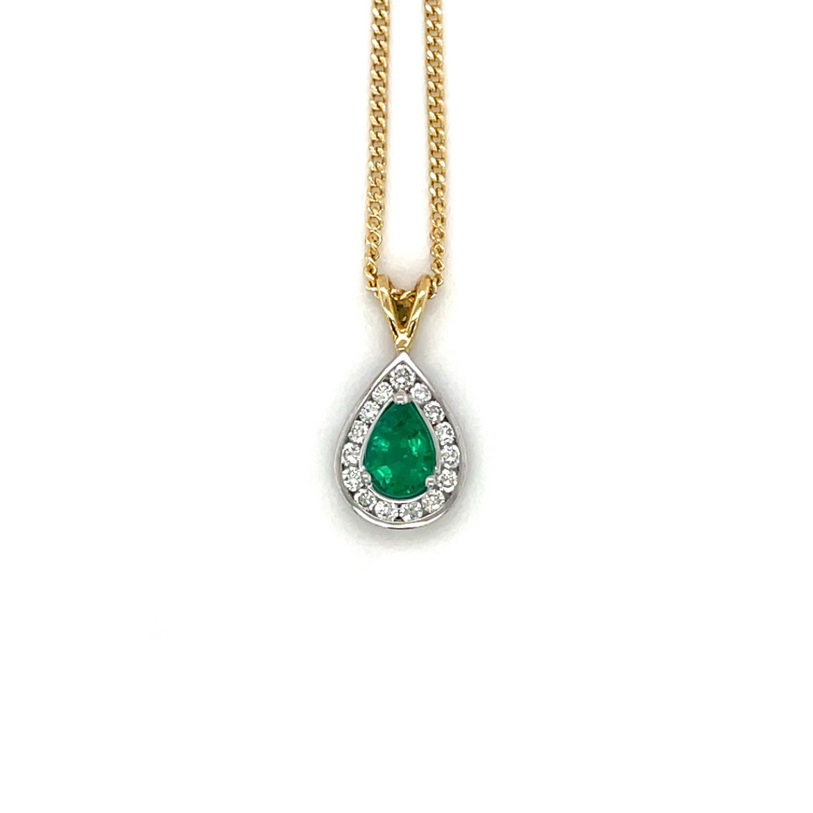 18ct Yellow & White Gold Pear-Cut Emerald & Diamond Cluster Pendant