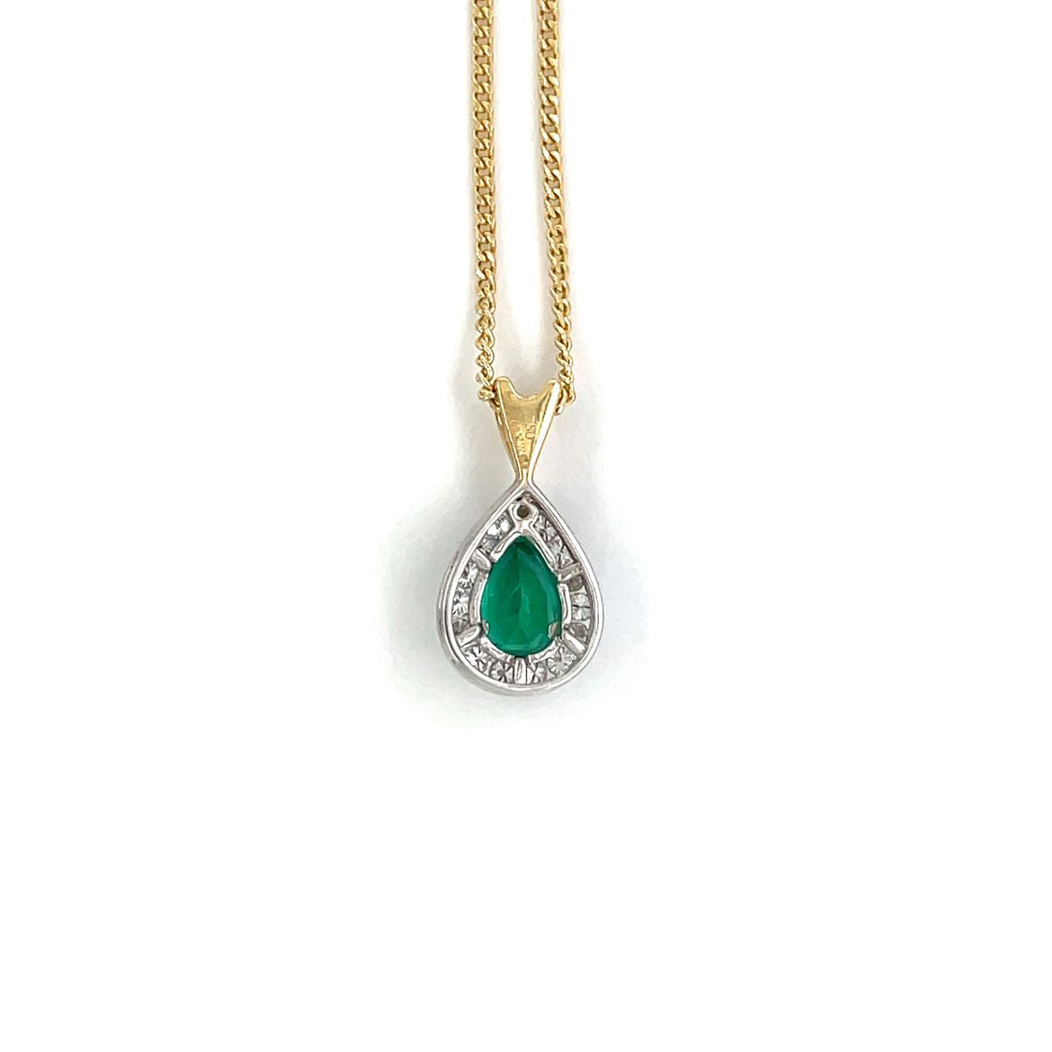 18ct Yellow & White Gold Pear-Cut Emerald & Diamond Cluster Pendant