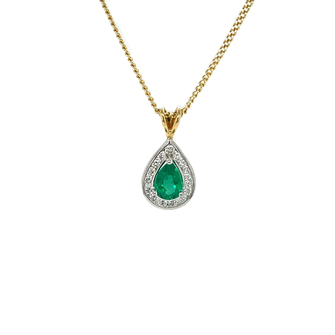 18ct Yellow & White Gold Pear-Cut Emerald & Diamond Cluster Pendant