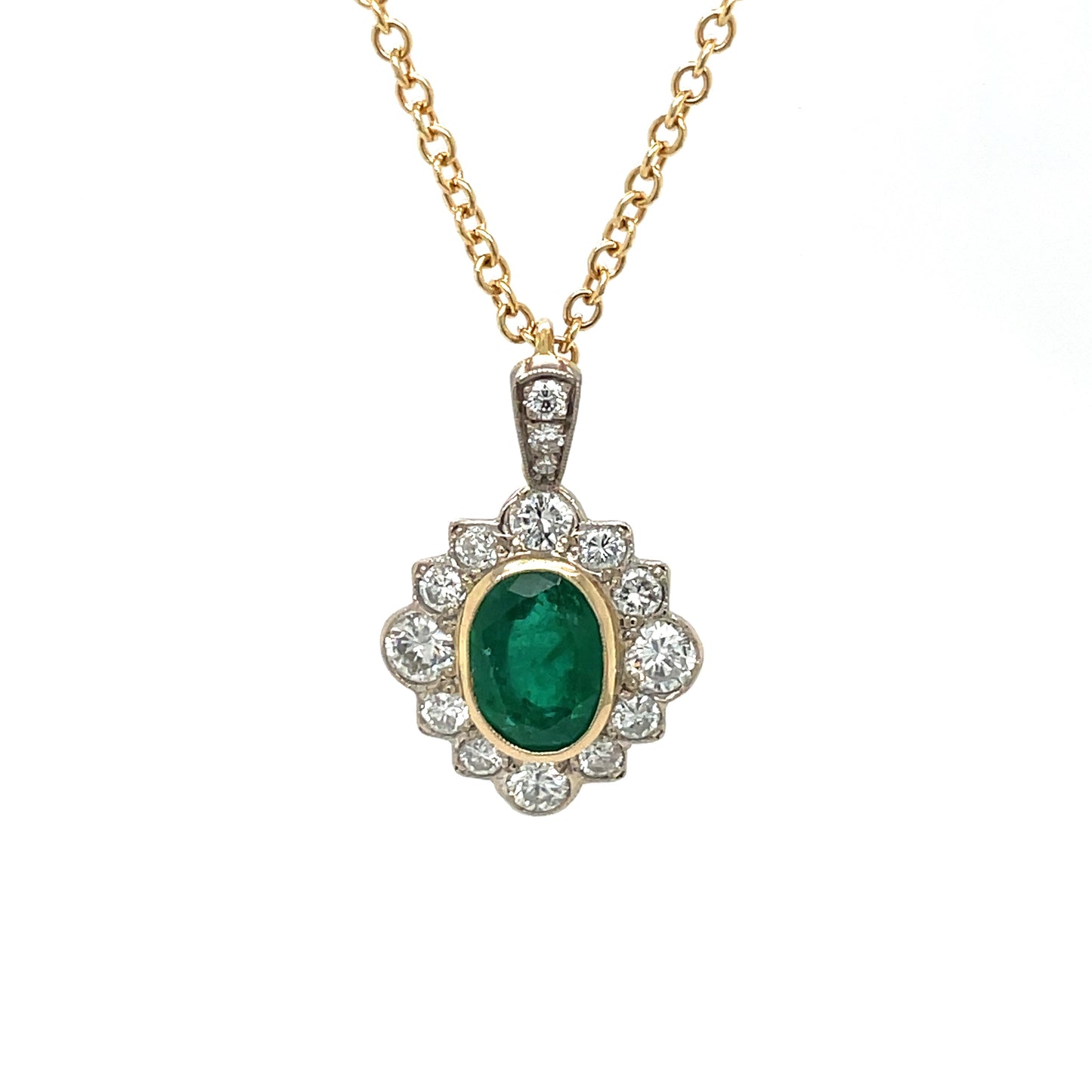 18ct Yellow & White Gold Emerald & Diamond Cluster Pendant