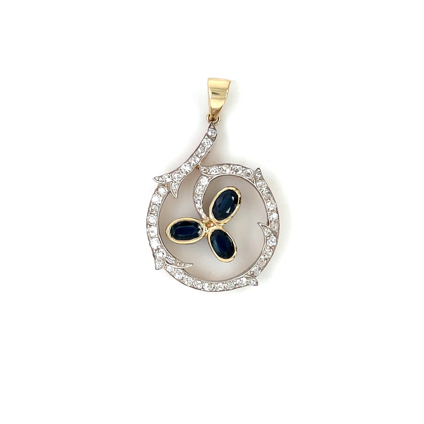 9ct Yellow Gold & Silver Diamond & Sapphire Flower Pendant