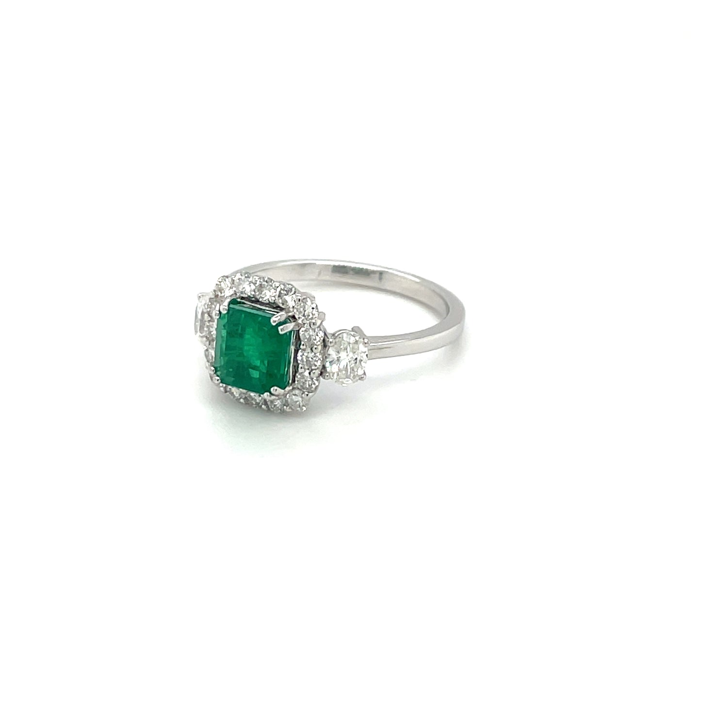 White Gold Diamond & Cushion-cut Emerald Cluster Ring
