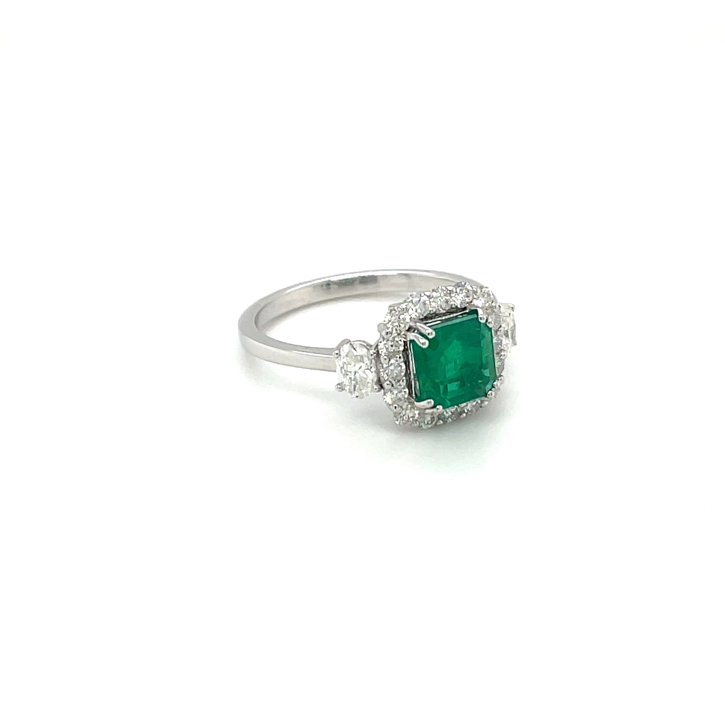 White Gold Diamond & Cushion-cut Emerald Cluster Ring