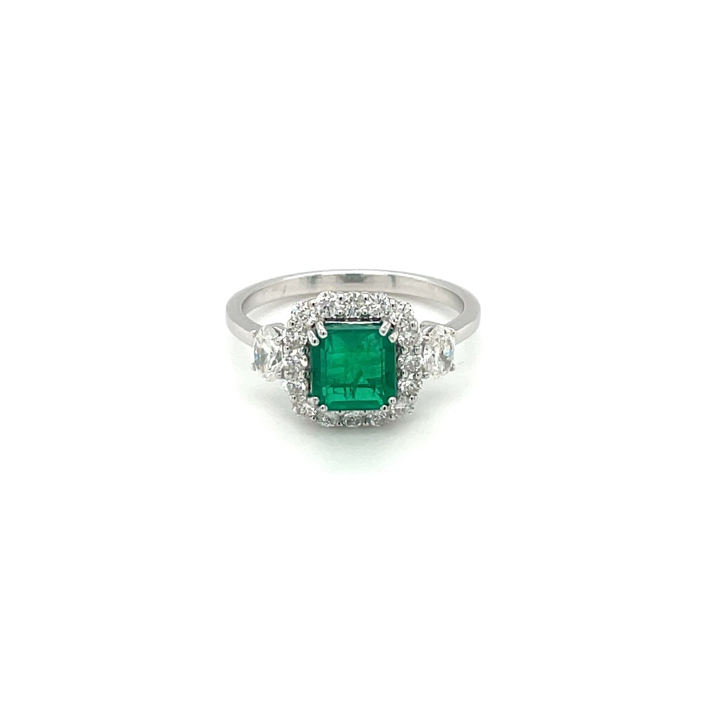 White Gold Diamond & Cushion-cut Emerald Cluster Ring