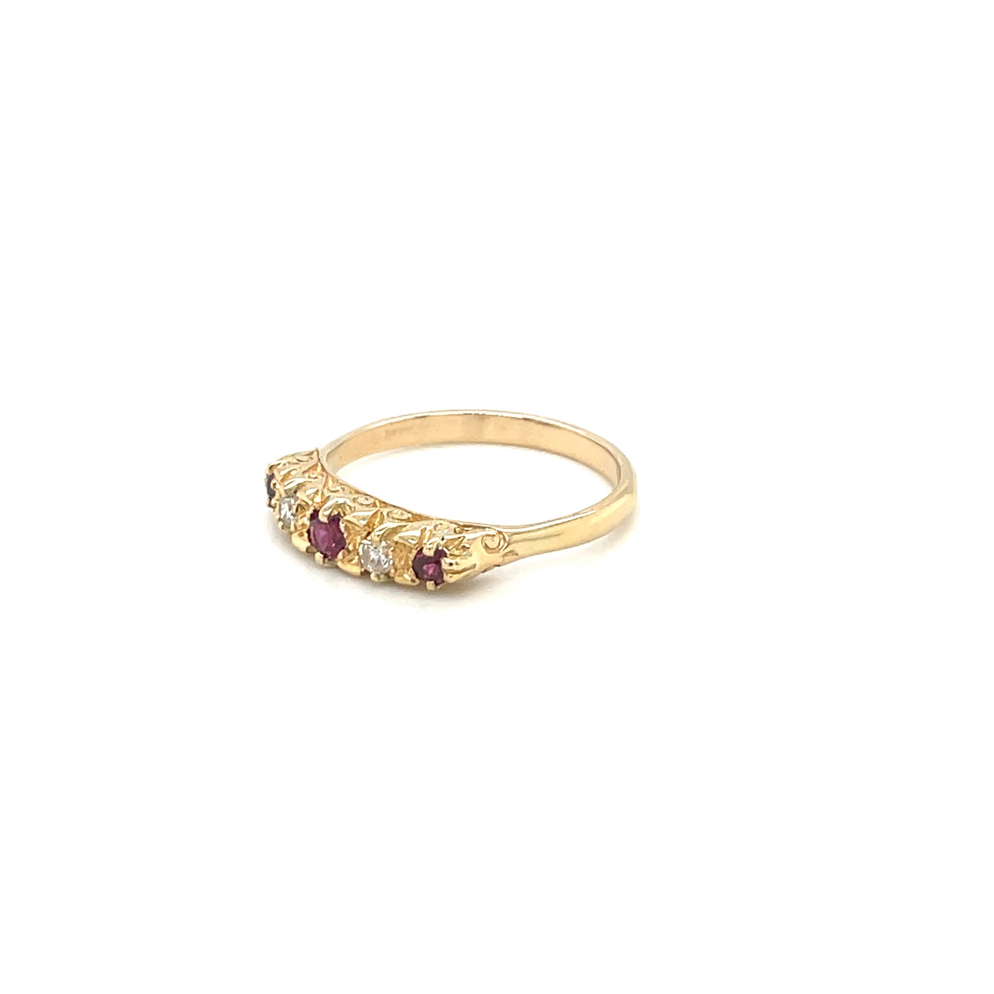18ct Yellow Gold Ruby & Diamond Carved Half Hoop Ring