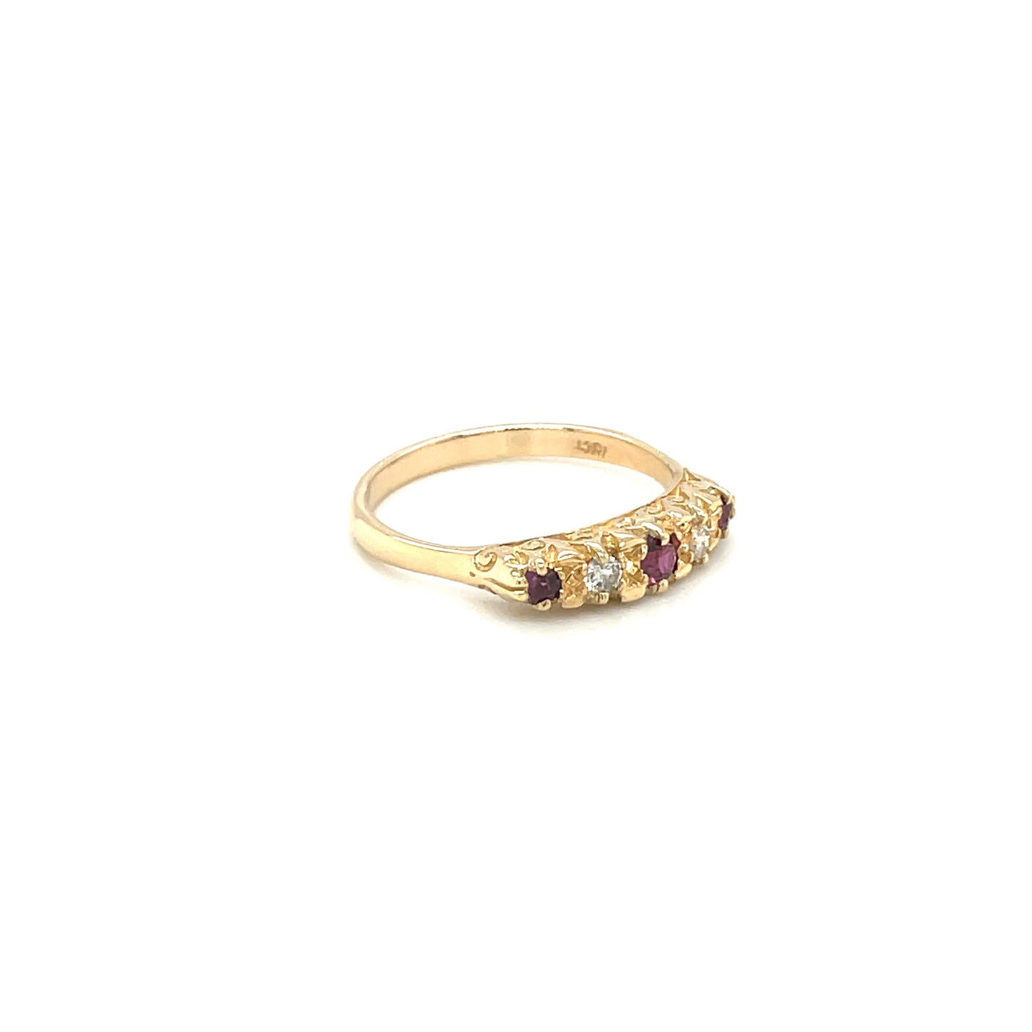 18ct Yellow Gold Ruby & Diamond Carved Half Hoop Ring