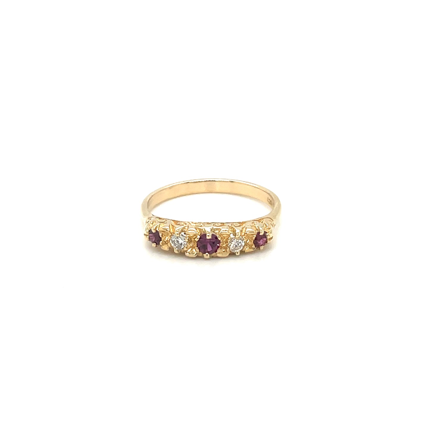 18ct Yellow Gold Ruby & Diamond Carved Half Hoop Ring