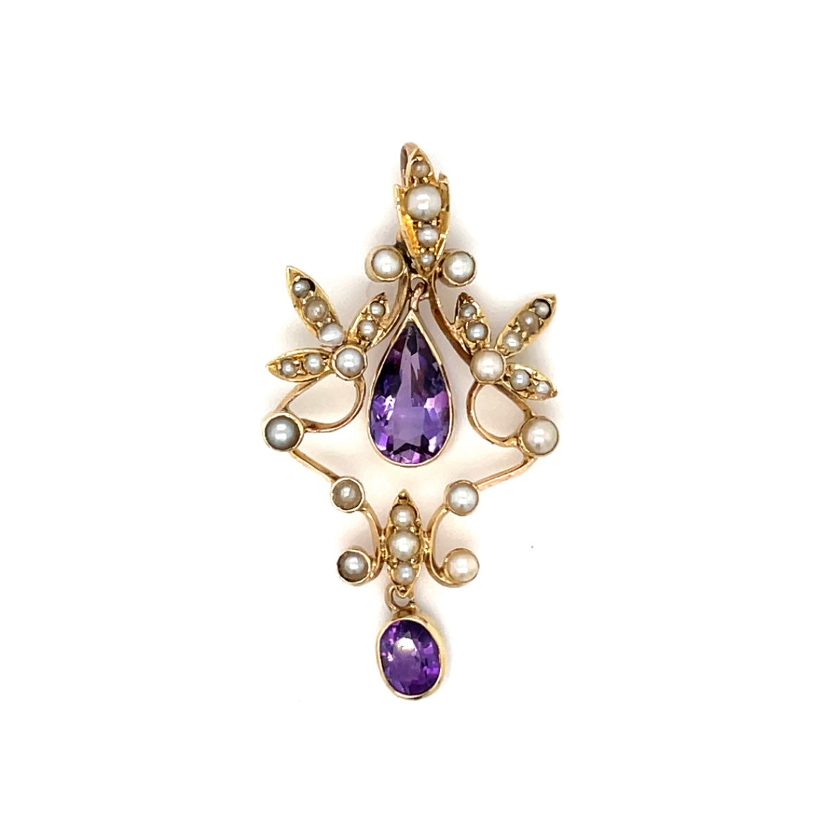 Yellow Gold Amethyst & Pearl Decorative Pendant & Chain
