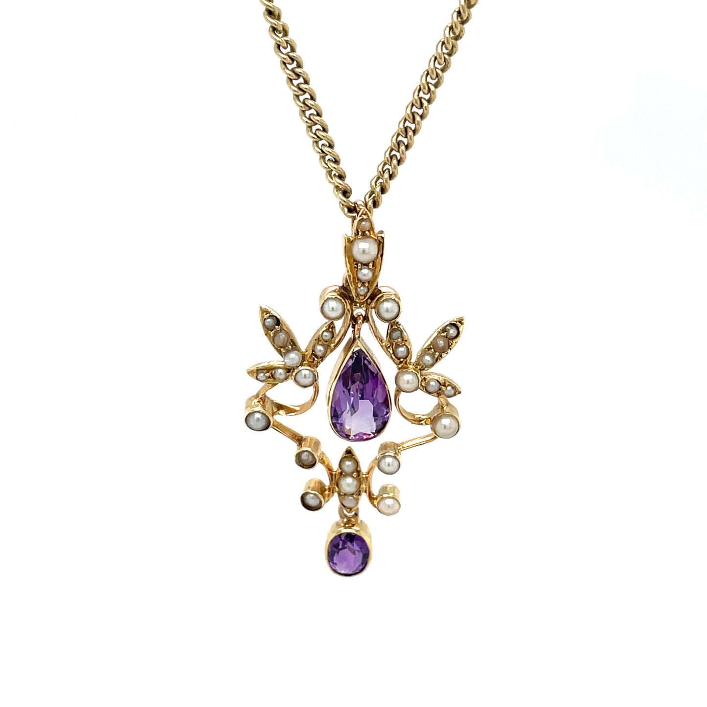 Yellow Gold Amethyst & Pearl Decorative Pendant & Chain