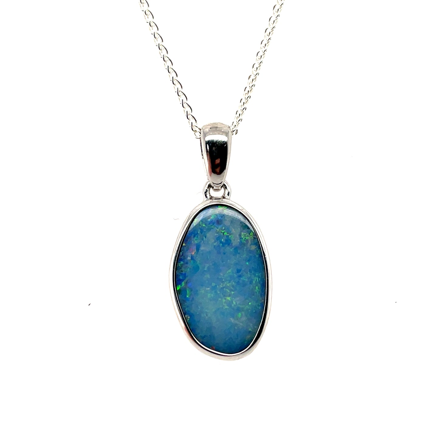 Silver Oval Opal Pendant & Chain (16-18")