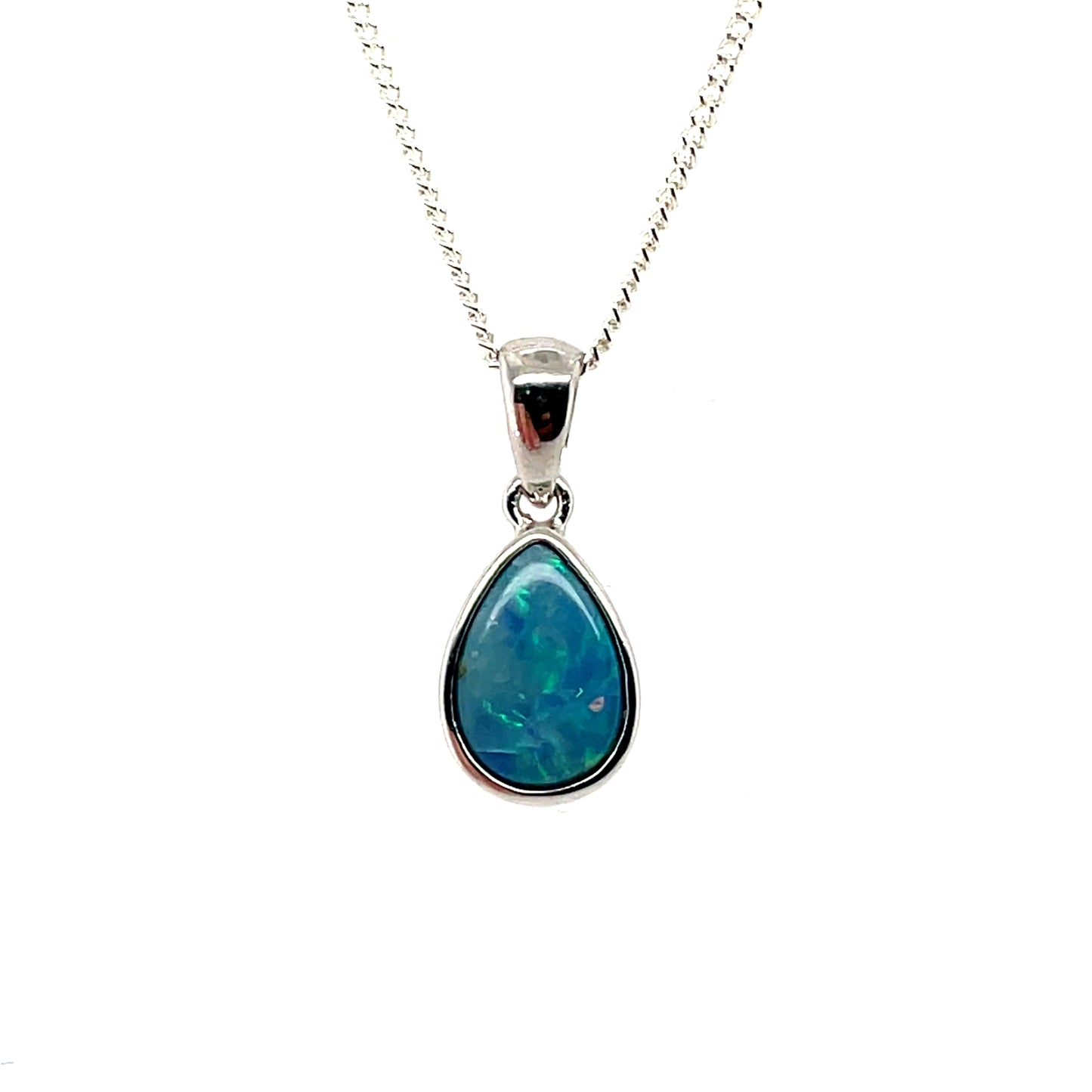 Silver Teardrop Opal Pendant & Chain (16-18")