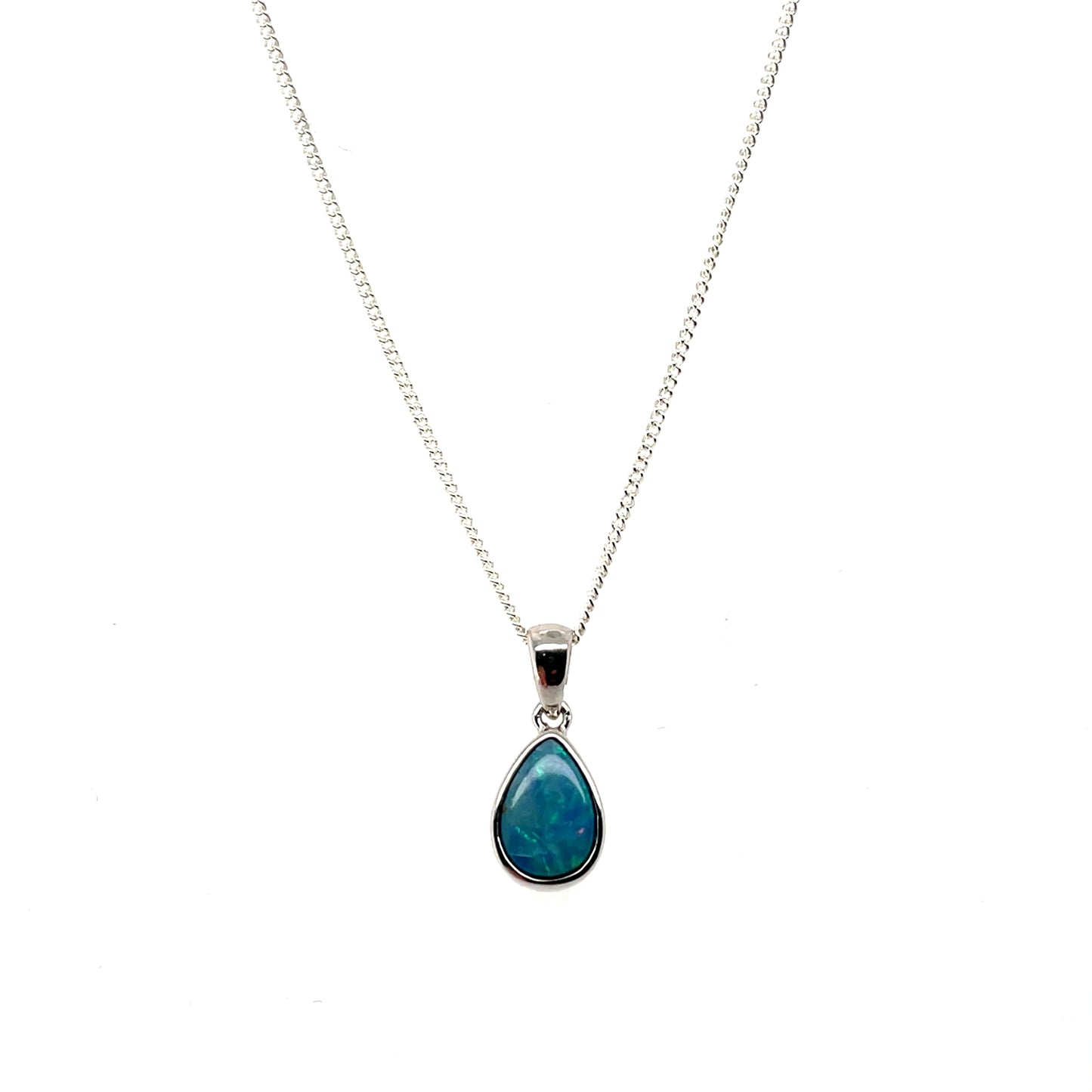 Silver Teardrop Opal Pendant & Chain (16-18")