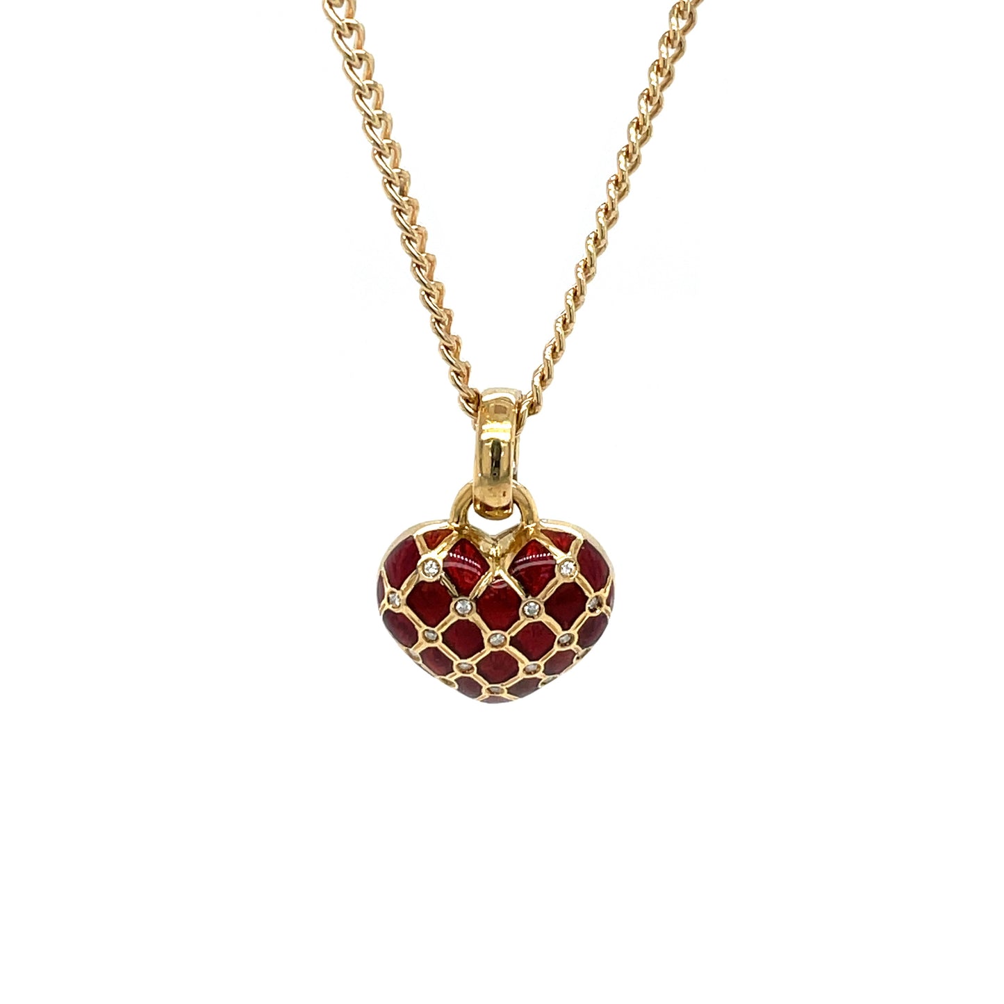18ct Yellow Gold & Red Enamel Diamond Set Pendant & Chain
