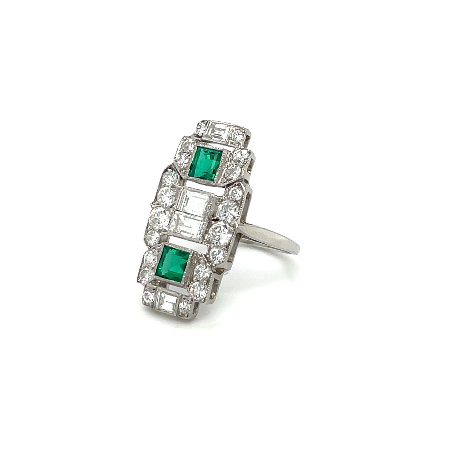 Platinum Emerald & Diamond Art Deco Plaque Ring
