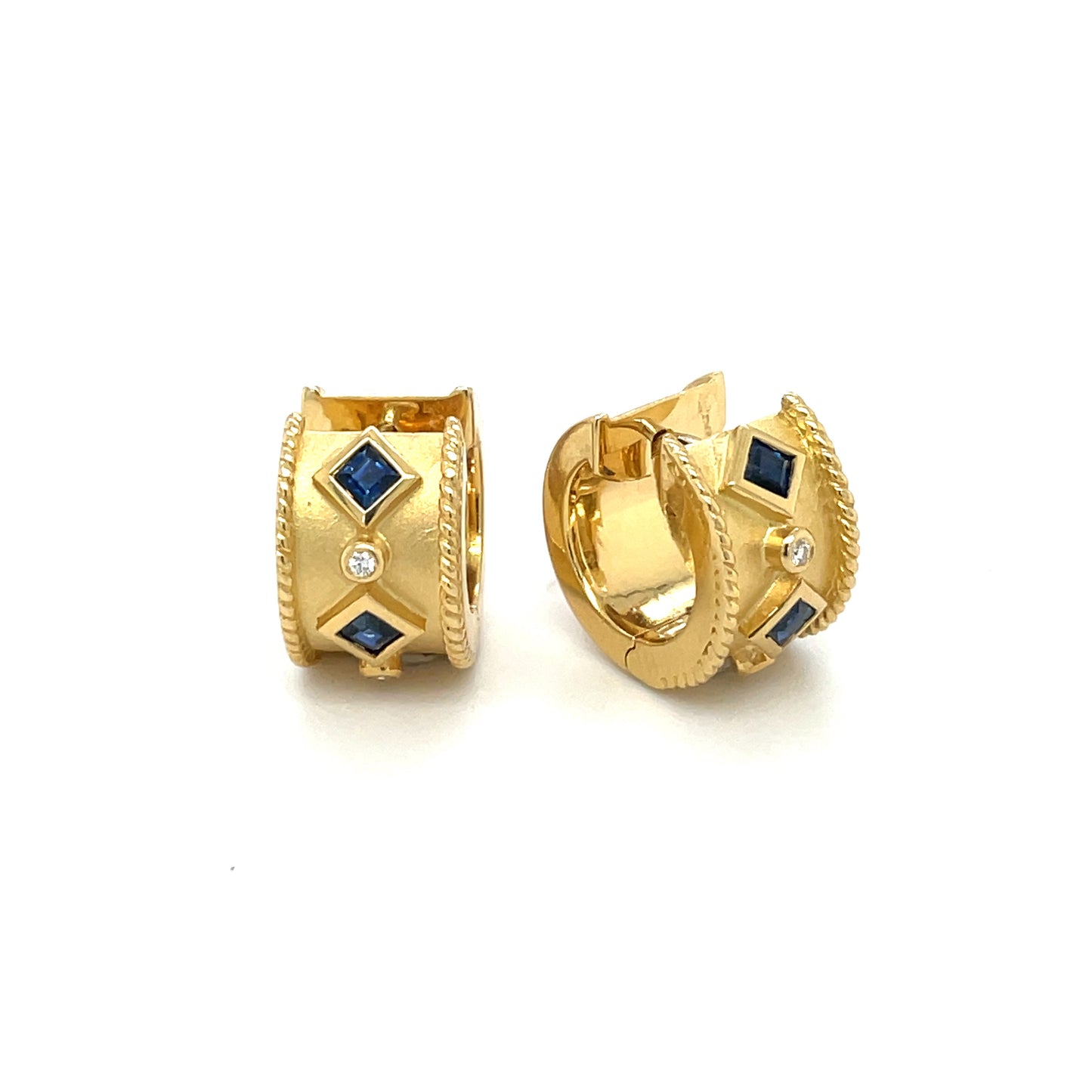 18ct Yellow Gold Sapphire & Diamond Roman-style Huggie Hoop Earrings