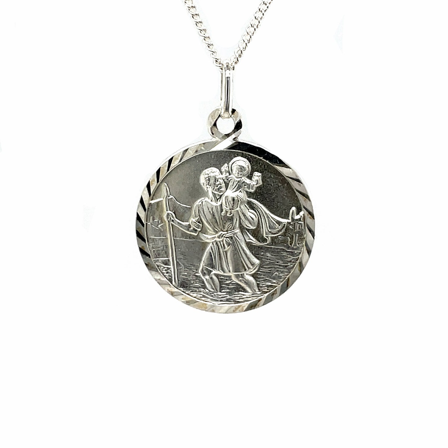 Silver Rope Engraved St Christopher Pendant (20mm) & Chain