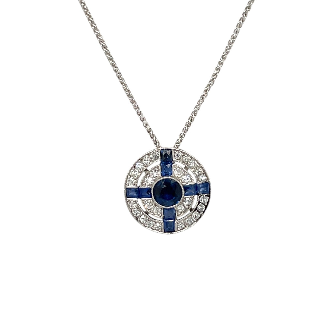 18ct White Gold Sapphire & Diamond Art Deco Style Pendant