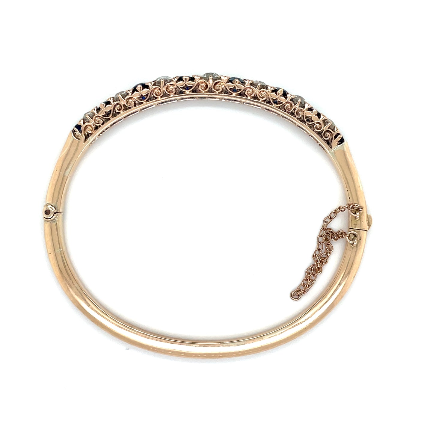 15ct Yellow Gold Sapphire & Old-Cut Diamond Hinged Bangle