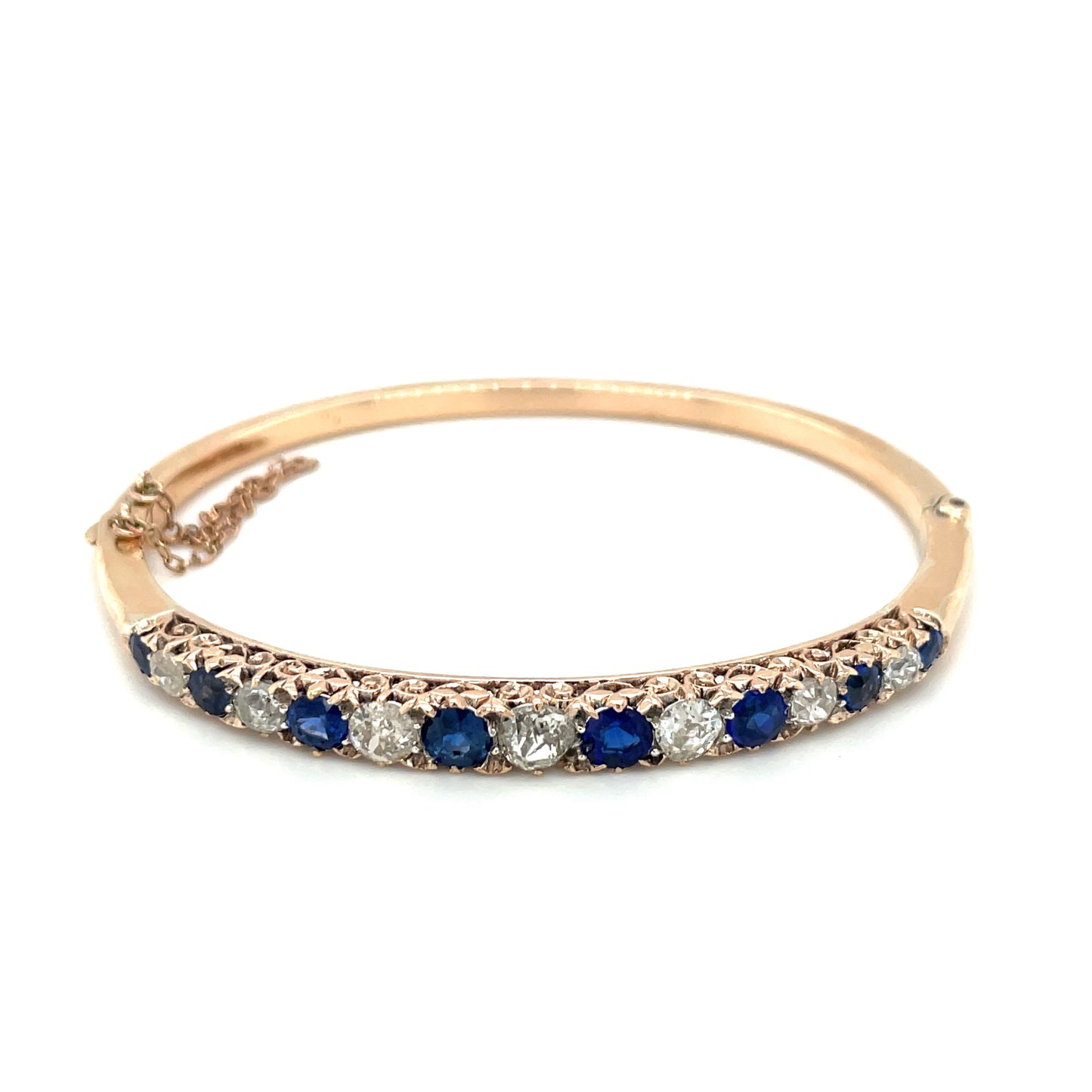 15ct Yellow Gold Sapphire & Old-Cut Diamond Hinged Bangle