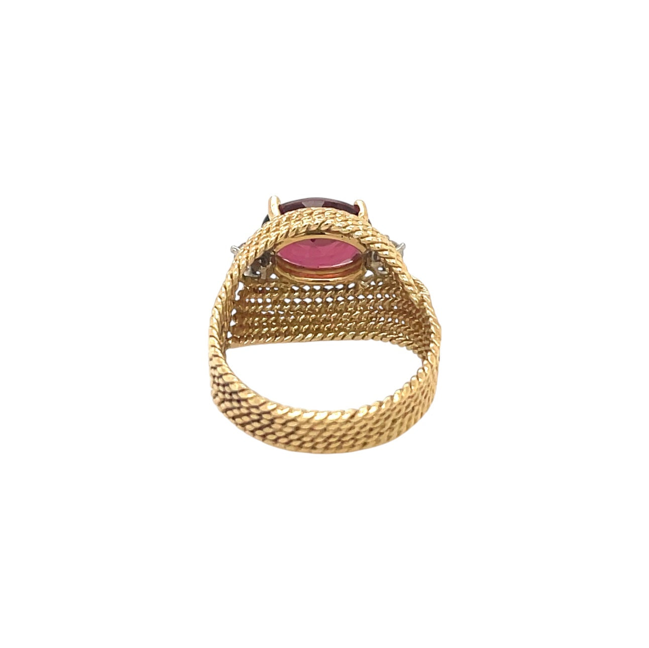 Pink Tourmaline & Diamond Woven Textured 18ct Yellow Gold Ring (N)