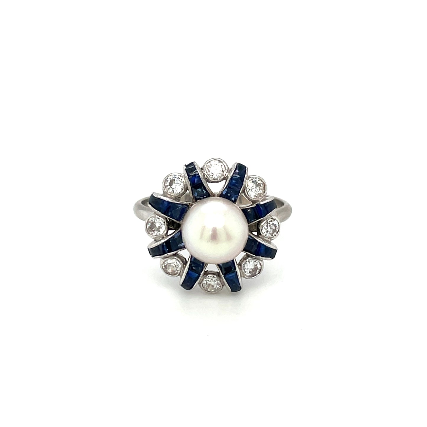 Pearl, Sapphire & Diamond Flower Cluster Ring