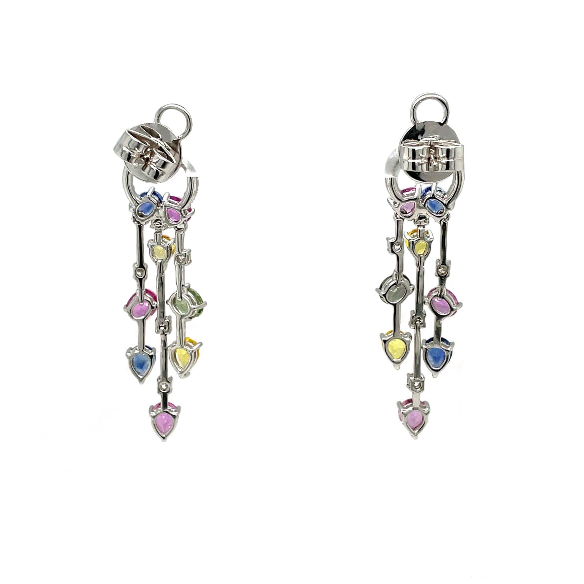 18ct white gold multi colour sapphire & diamond drop earrings.