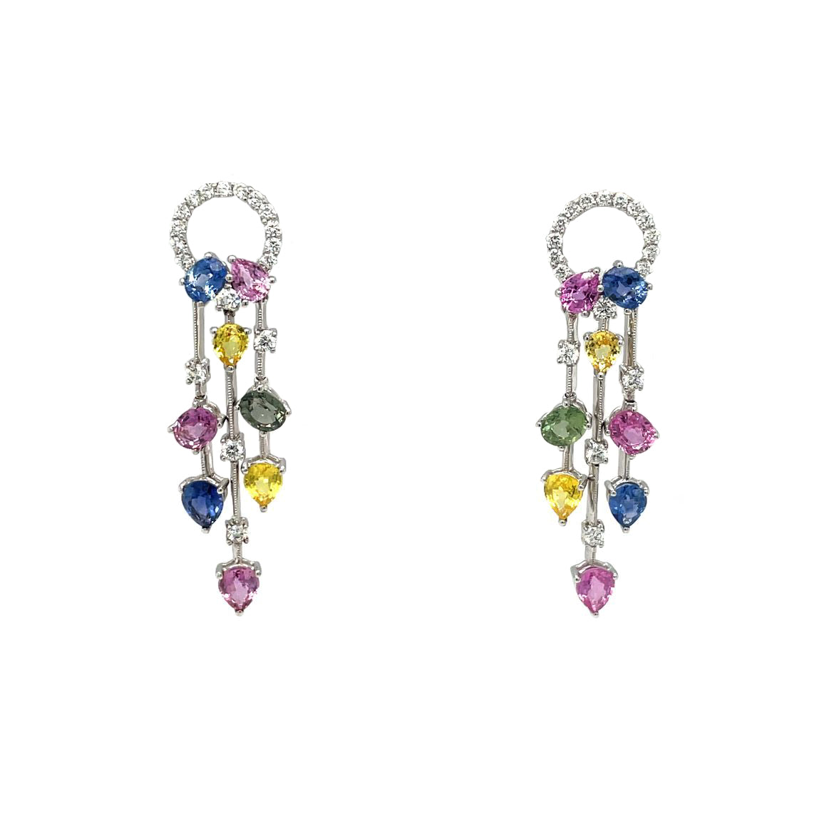 18ct white gold multi colour sapphire & diamond drop earrings.