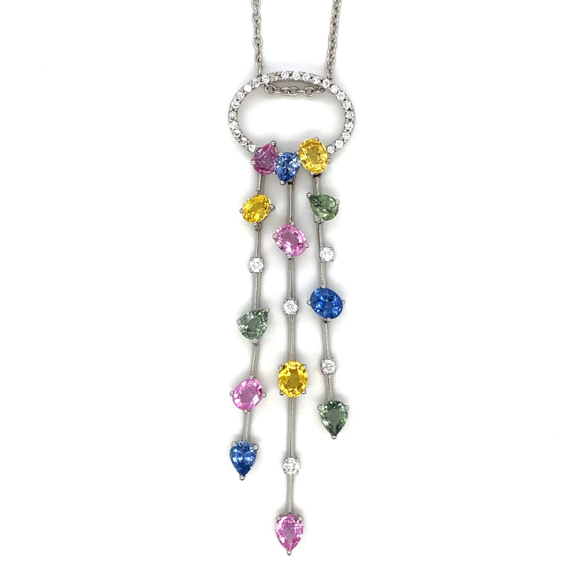 18ct White Gold Multi-Coloured Sapphire & Diamond Pendant & Chain